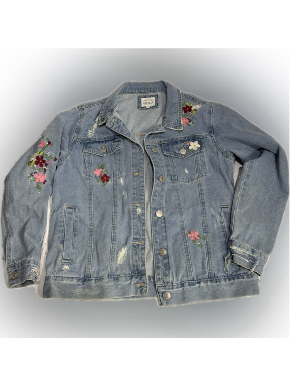 Embroidered Distressed Light Wash Wax Jeans Trucker Style Jacket Size S